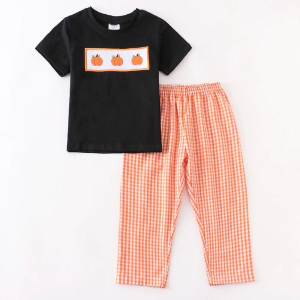 Boutique Pumpkin Boys Embroidered Panel Shirt Plaid Pants Outfit Set